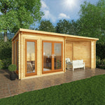 6m x 3m Studio Pent Log Cabin With Patio Area - 44mm (UPVC Windows & Door) - Oak - Rogey