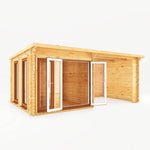 6m x 3m Studio Pent Log Cabin With Patio Area - 44mm (UPVC Windows & Door) - Oak - Rogey