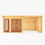 6m x 3m Studio Pent Log Cabin With Patio Area - 44mm (UPVC Windows & Door) - Oak - Rogey