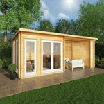 6m x 3m Studio Pent Log Cabin With Patio Area - 44mm (UPVC Windows & Door) - White - Rogey