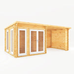 6m x 3m Studio Pent Log Cabin With Patio Area - 44mm (UPVC Windows & Door) - White - Rogey