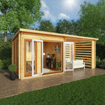 6m x 3m Studio Pent Log Cabin With Slatted Area - 44mm (UPVC Windows & Door) - Oak - Rogey