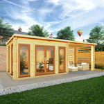 7m x 3m Studio Pent Log Cabin With Slatted Area - 44mm (UPVC Windows & Door) - Oak - Rogey