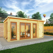 5.1m x 3m Studio Pent Log Cabin With Side Shed - 44mm (UPVC Windows & Door) - Oak - Rogey