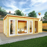 5.1m x 3m Studio Pent Log Cabin With Side Shed - 44mm (UPVC Windows & Door) - White - Rogey