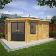 5m x 3m Corner Lodge Log Cabin With Side Shed - 44mm (UPVC Windows & Door) - Grey - Rogey