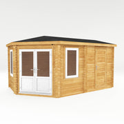 5m x 3m Corner Lodge Log Cabin With Side Shed - 44mm (UPVC Windows & Door) - White - Rogey