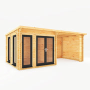 6m x 3m Studio Pent Log Cabin With Patio Area - 44mm (UPVC Windows & Door) - Grey - Rogey