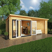 6m x 3m Studio Pent Log Cabin With Patio Area - 44mm (UPVC Windows & Door) - Grey - Rogey
