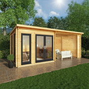 6m x 3m Studio Pent Log Cabin With Patio Area - 44mm (UPVC Windows & Door) - Grey - Rogey