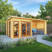 6m x 3m Studio Pent Log Cabin With Patio Area - 44mm (UPVC Windows & Door) - Oak - Rogey