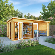 6m x 3m Studio Pent Log Cabin With Patio Area - 44mm (UPVC Windows & Door) - Oak - Rogey