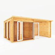 6m x 3m Studio Pent Log Cabin With Patio Area - 44mm (UPVC Windows & Door) - Oak - Rogey
