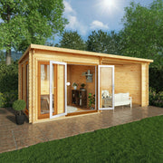 6m x 3m Studio Pent Log Cabin With Patio Area - 44mm (UPVC Windows & Door) - Oak - Rogey