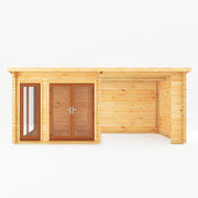 6m x 3m Studio Pent Log Cabin With Patio Area - 44mm (UPVC Windows & Door) - Oak - Rogey