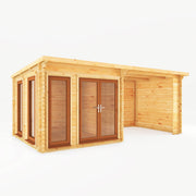6m x 3m Studio Pent Log Cabin With Patio Area - 44mm (UPVC Windows & Door) - Oak - Rogey
