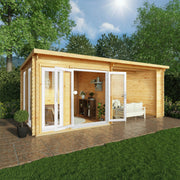 6m x 3m Studio Pent Log Cabin With Patio Area - 44mm (UPVC Windows & Door) - White - Rogey