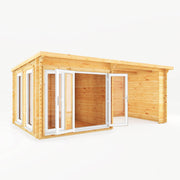 6m x 3m Studio Pent Log Cabin With Patio Area - 44mm (UPVC Windows & Door) - White - Rogey