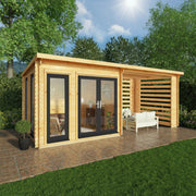 6m x 3m Studio Pent Log Cabin With Slatted Area - 44mm (UPVC Windows & Door) - Grey - Rogey