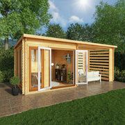 6m x 3m Studio Pent Log Cabin With Slatted Area - 44mm (UPVC Windows & Door) - Oak - Rogey