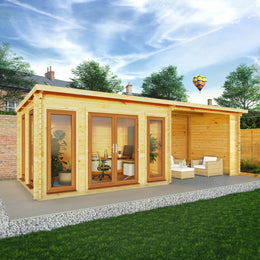 7m x 3m Studio Pent Log Cabin With Patio Area - 44mm (UPVC Windows & Door) - Oak - Rogey