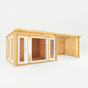 7m x 3m Studio Pent Log Cabin With Patio Area - 44mm (UPVC Windows & Door) - White - Rogey