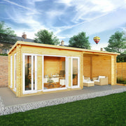 7m x 3m Studio Pent Log Cabin With Patio Area - 44mm (UPVC Windows & Door) - White - Rogey