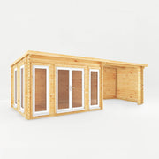 7m x 3m Studio Pent Log Cabin With Patio Area - 44mm (UPVC Windows & Door) - White - Rogey