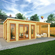 7m x 3m Studio Pent Log Cabin With Slatted Area - 44mm (UPVC Windows & Door) - Oak - Rogey