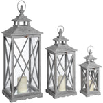 Set Of Three Wooden Lanterns With Traditional Cross Section - Rogey